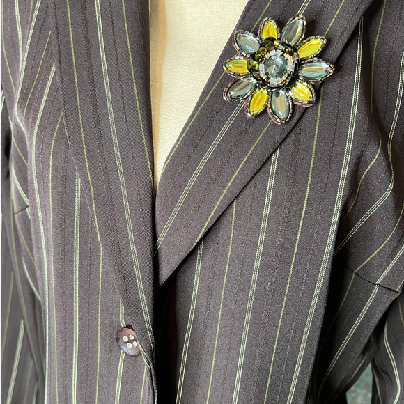 Bob Mackie Womens Jacket Size 14 in Brown w/Green Stripe and Matching Floral Pin - Picture 2 of 6